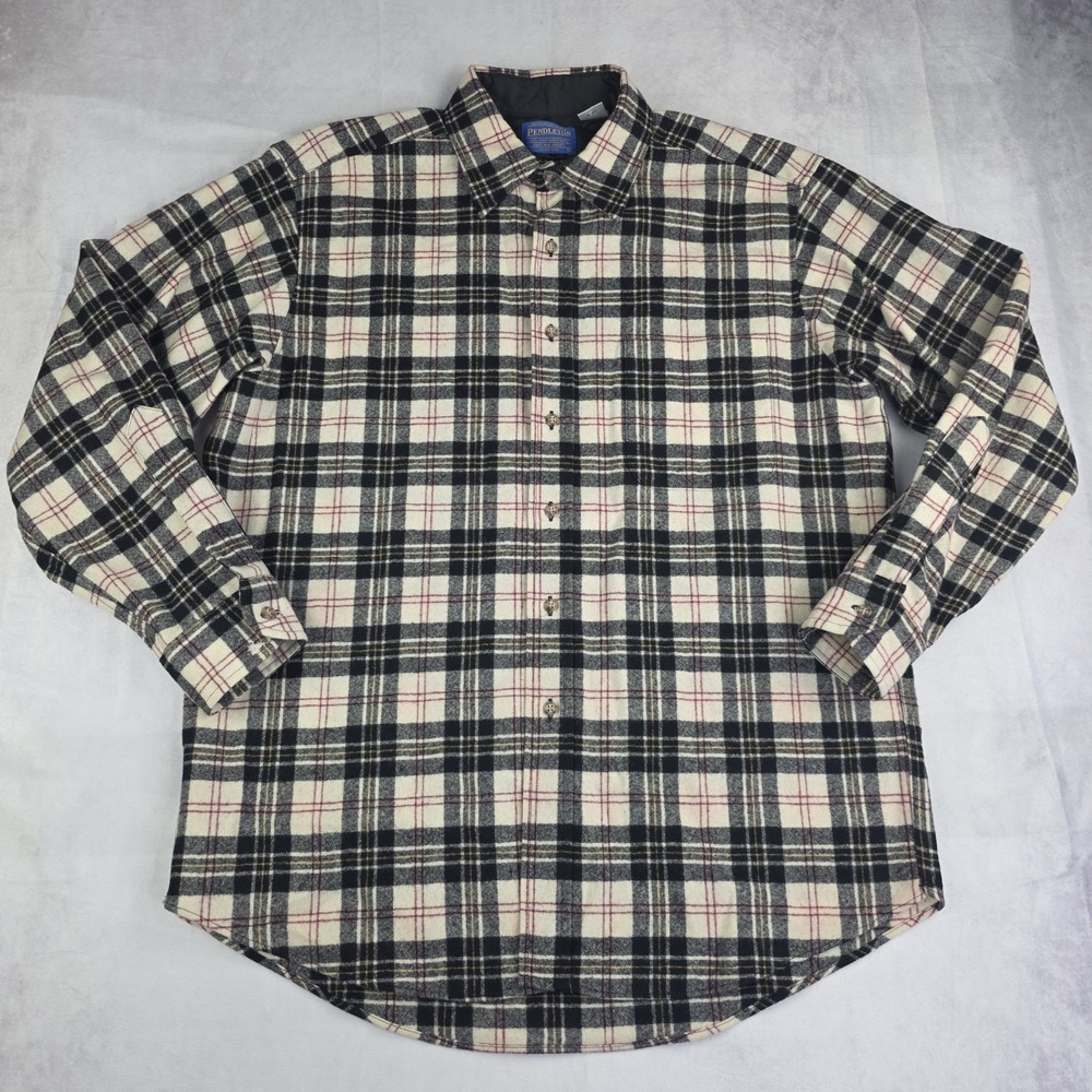Vintage Pendleton Wool Shirt Mens Large Tartan Plaid Black Cream Button Down USA